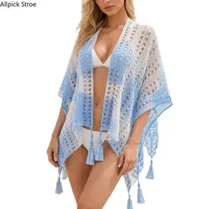 Women’s Dopamine Tie-Dye Knitted Shawl, Summer Ethnic Style Hollow-Out Cape Wrap, Lightweight Fashionable Colorful Cover-Up for Beach, Vacation and Casual Layering