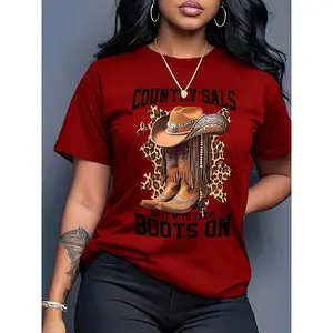 100% Cotton Women's Summer Top Western Cowboy Girl Pattern T-Shirt - Red Country Music Design, Comes with Boots and Hat, Casual Summer T-Shirt, Blend, Machine Washable, Western T-Shirt 180g country concert outfits shirts women vintage graphic tees