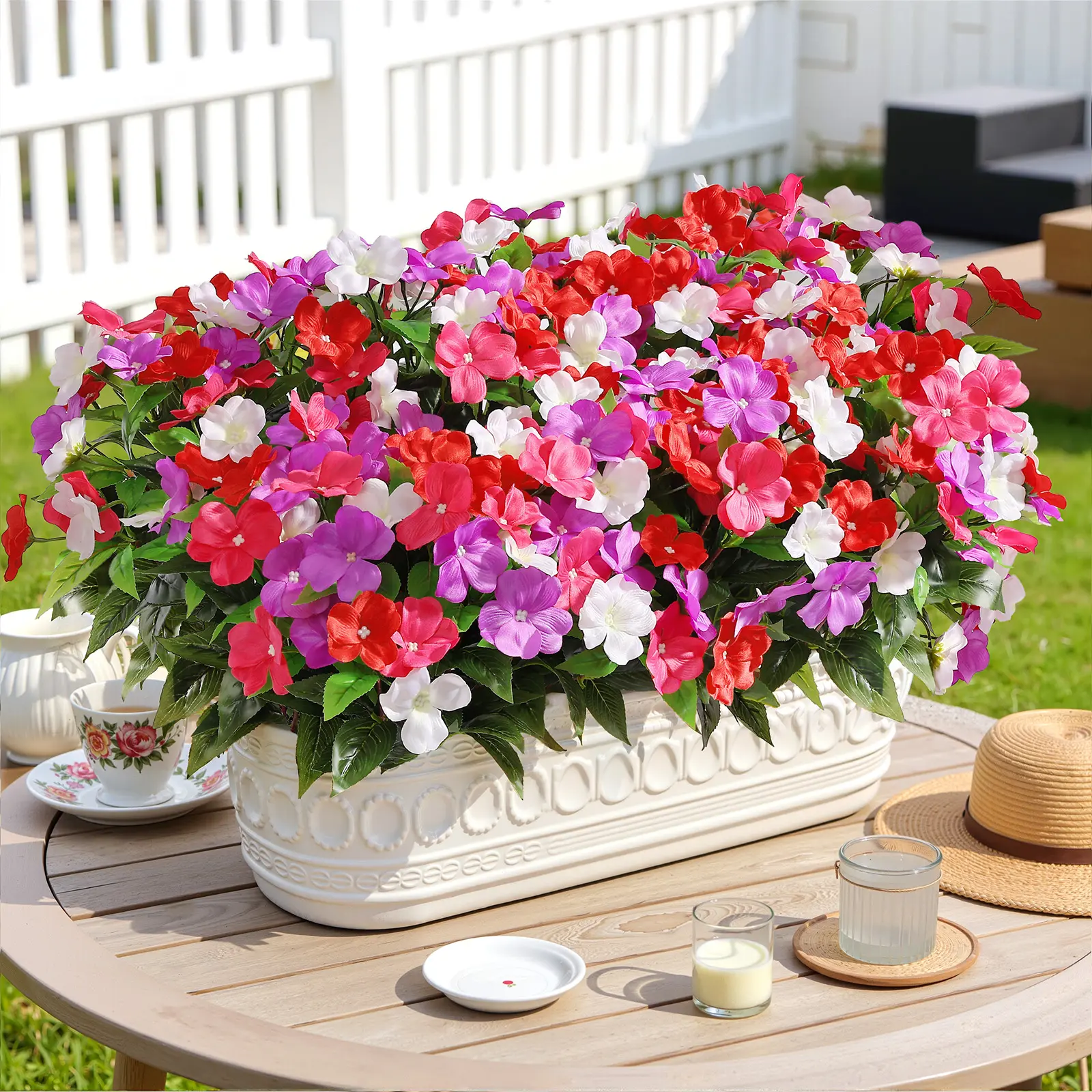 SHareconn 4Pack Artificial Impatiens Flowers, UV Resistant Faux Silk Spring Flowers for Indoor Outdoor Porch, Patio, Yard & Window Box Decor