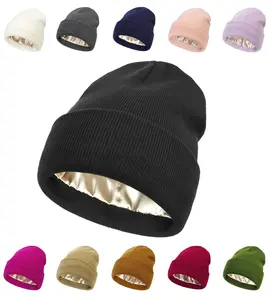 Womens Satin Lined Beanie for Winter Warm Knitted Beanies Cuffed Skull Cap