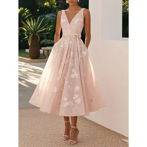 Women's Formal Evening Dress - Elegant Sleeveless V-neck Long Soft Pink Dress, Suitable for Weddings, Dinners, Proms - All-season Party Outfit