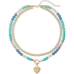 Women's layered necklaces, heart-shaped pendant paired with colorful acrylic beaded choker, cute and stylish jewelry, anti-tangling single clasp design, summer beach bohemian style women's necklace.