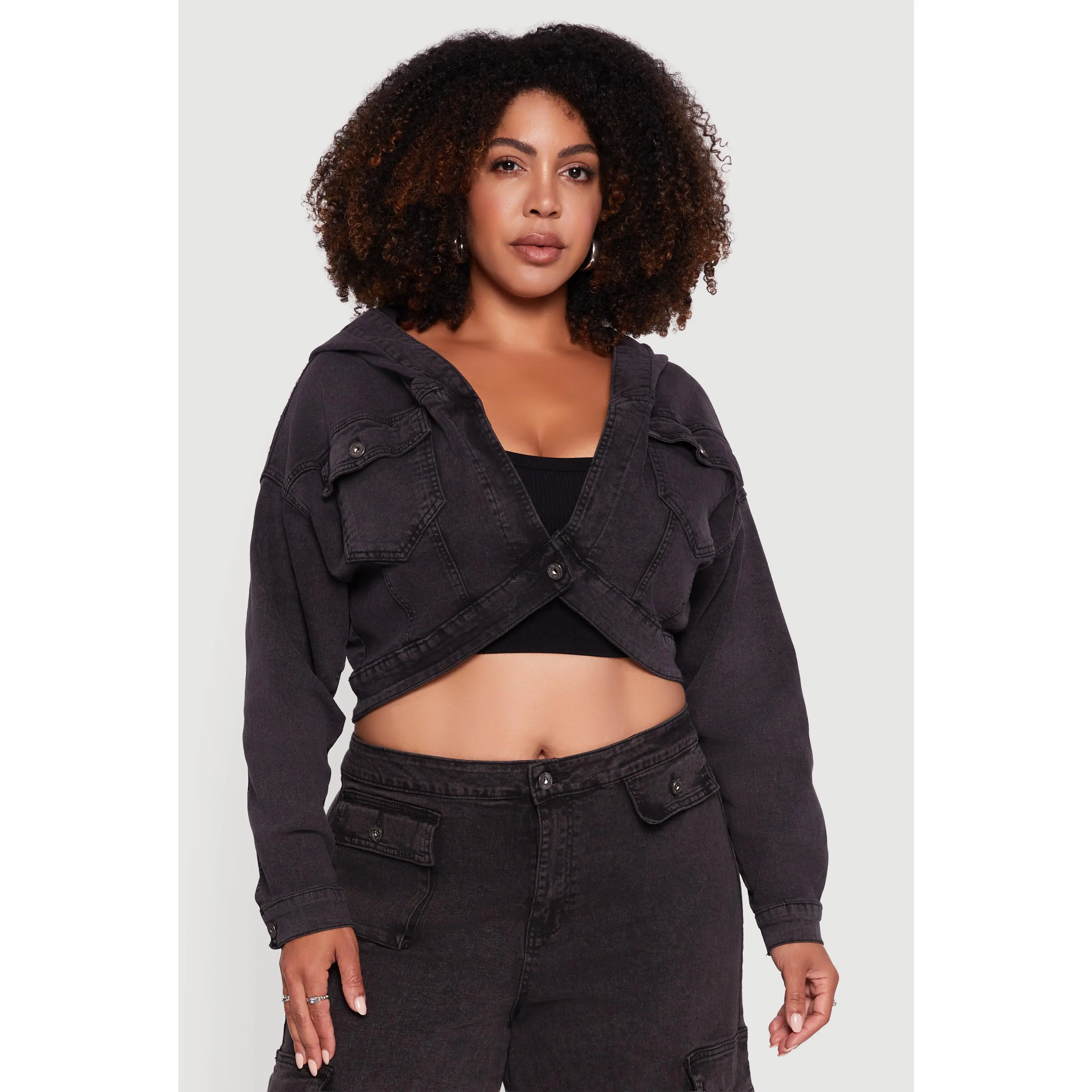 Plus Size Mineral Wash Cropped Hooded Denim Jacket