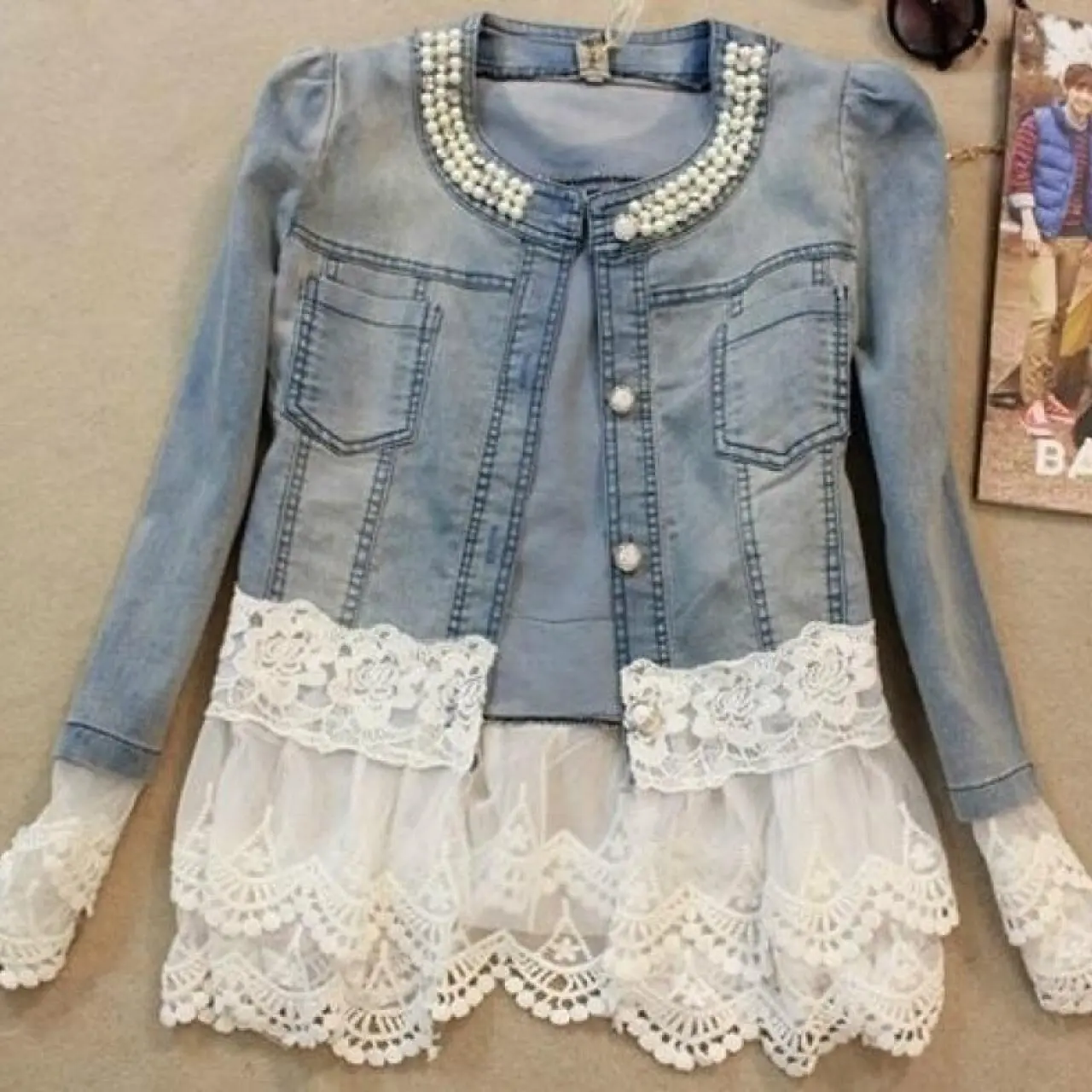 2026 Women's Plus Size Jacket, Long Sleeved Slim Fit Chiffon Patchwork Jacket, Women's Plus Size Clothing, Pearl Lace Denim Jacket