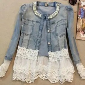 2026 Women's Plus Size Jacket, Long Sleeved Slim Fit Chiffon Patchwork Jacket, Women's Plus Size Clothing, Pearl Lace Denim Jacket