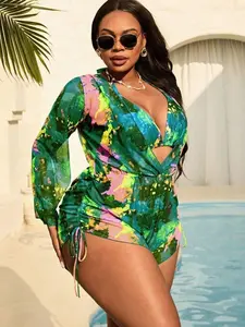 Plus Size 3Pcs Women Tie-Dye Halter Split Bikini Set With Long Sleeve Pants And Mesh Cover Up, Fashionable Beach/Resort Swimwear