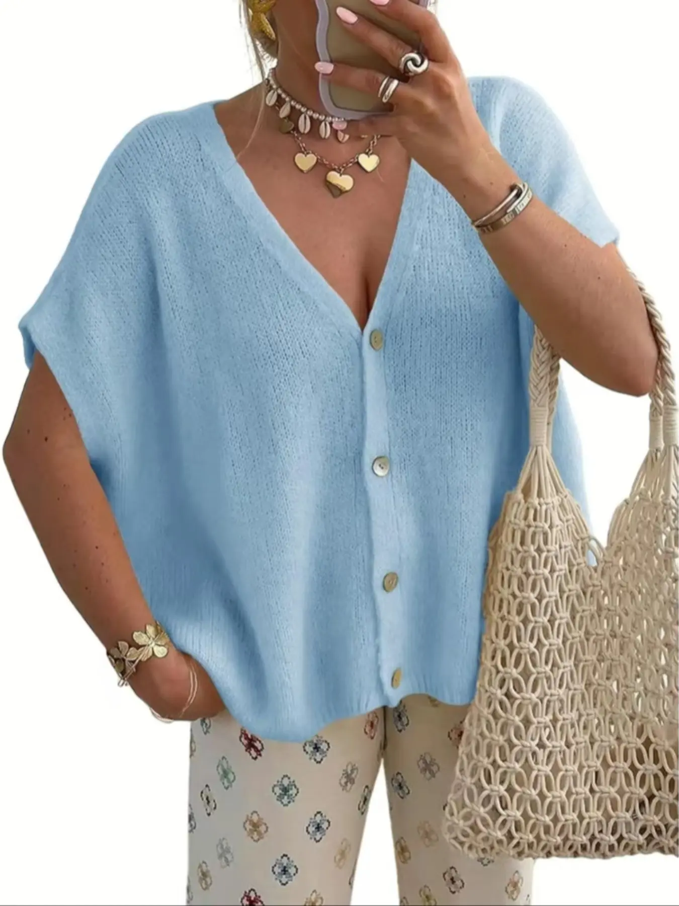 New Spring Summer Loose V Neck Short Sleeve Knit Button Cardigan, Casual Fashion Knitwear Sweater, Comfortable and Stylish, Perfect for Daily Wear