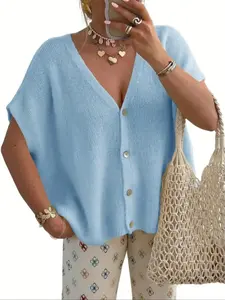New Spring Summer Loose V Neck Short Sleeve Knit Cardigan, Casual Fashion Sweater, Comfortable and Stylish, Perfect for Daily Wear