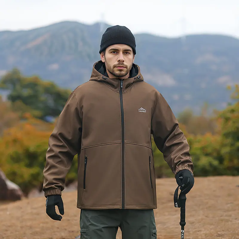 American vintage men’s softshell windproof jacket, hooded warm mountaineering outerwear, outdoor hiking windbreaker