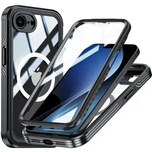 360-degree Full Enclosure Tempered Glass Phone Case with Magnetic Ring, Shockproof Phone Protective Cover, Phone Accessory Compatible with iPhone 17 Pro Max 16 Plus 15 14 13 12, Casing