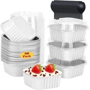 5oz/80pack Mini Cake Pans with , Foil Cupcake Cups Small Brownie Baking Tins,Square Disposable Ramekins Mini Cheesecake Containers Muffin Holders-White