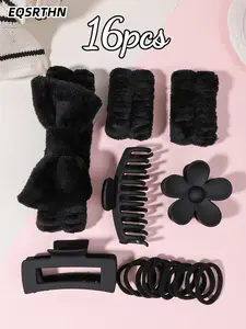 16 pieces bow coral wool hair band set, suitable for washing face, cute hair band, bracelet and plush hair band with flower hair clip, suitable for women's accessories.