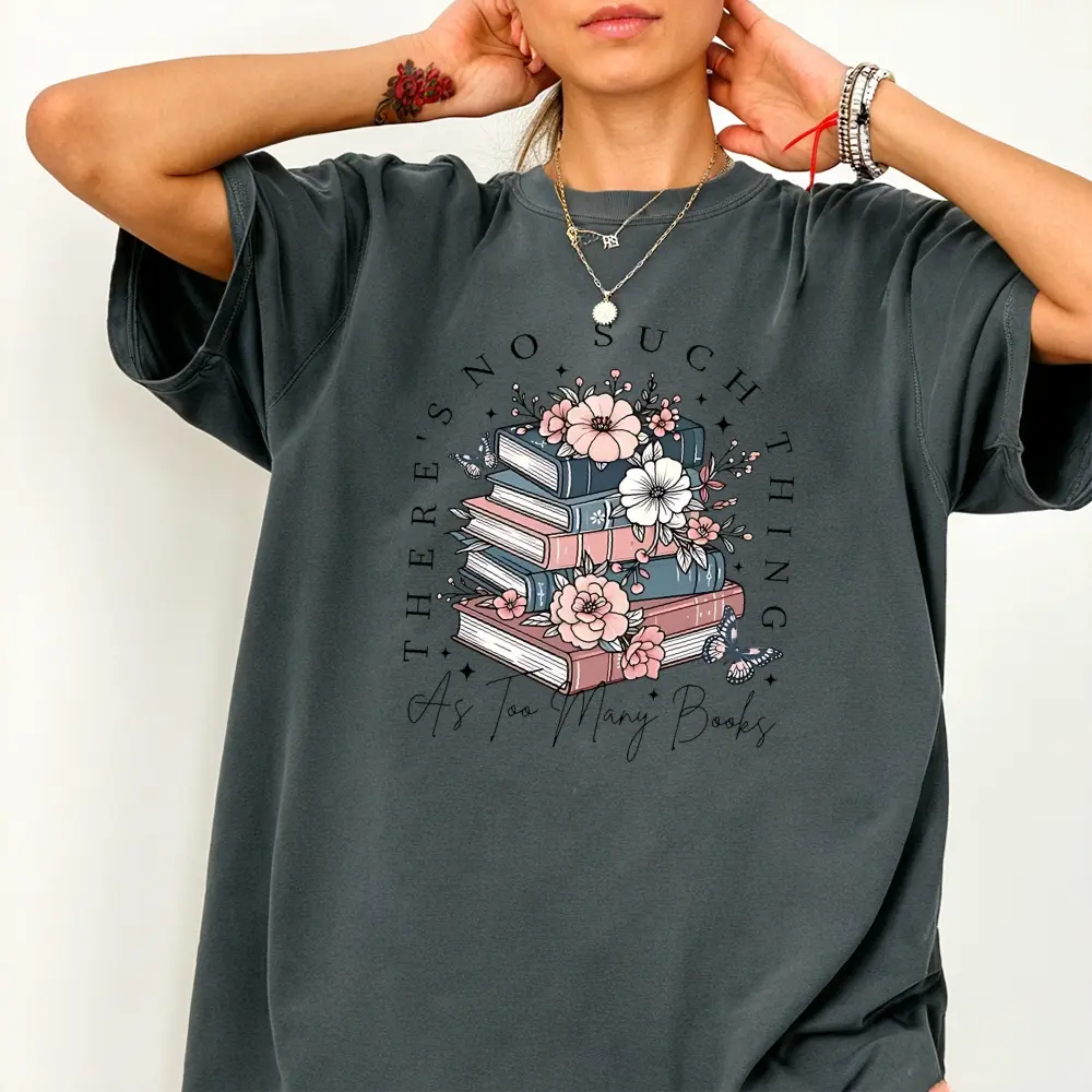 Women's Floral & Book Print Round Neck Short Sleeve Top - Trendy Literary-Themed Bookish Casual T-Shirt for Daily Wear, Tshirt