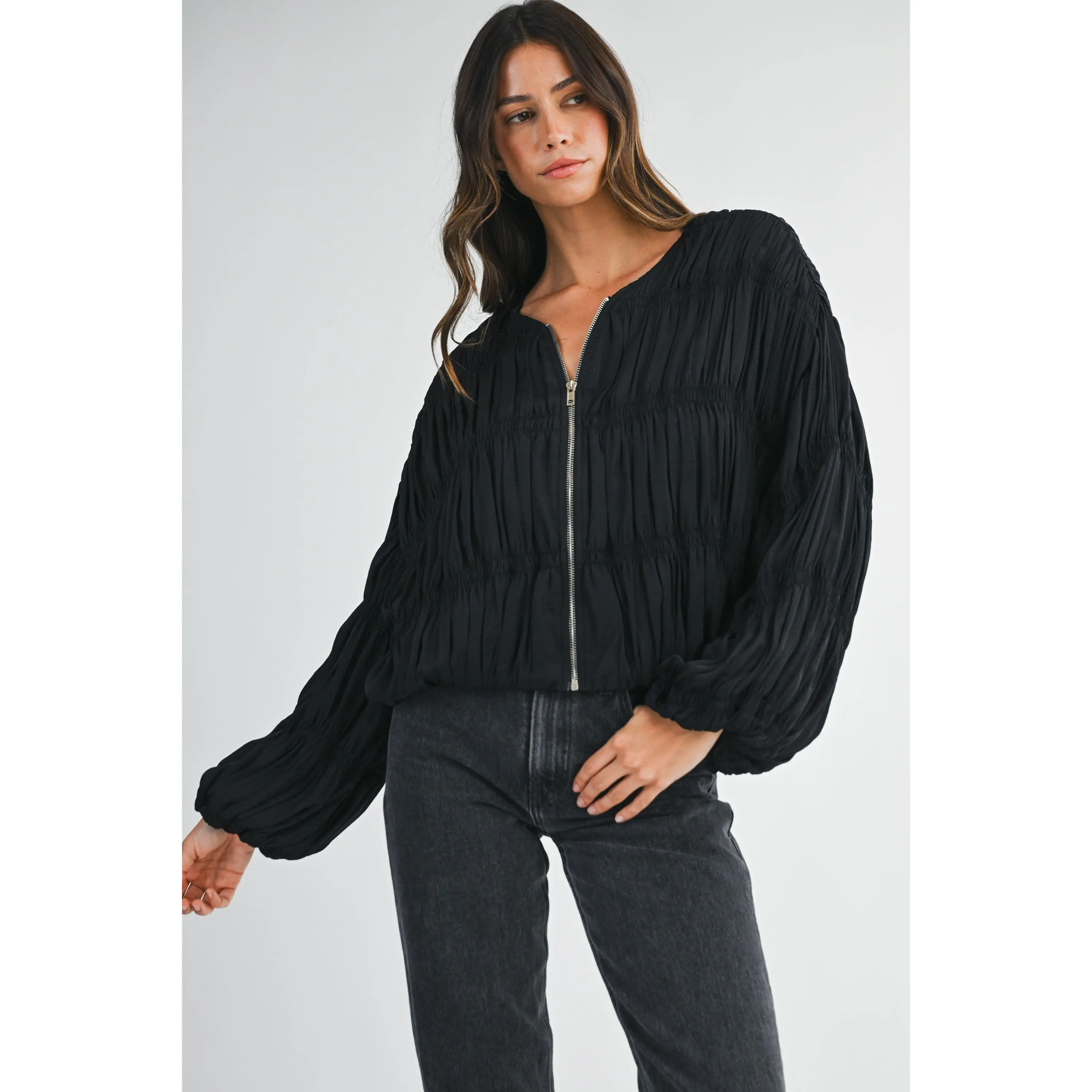 Pleated Balloon Sleeve Front Zip Up Blouse Jacket