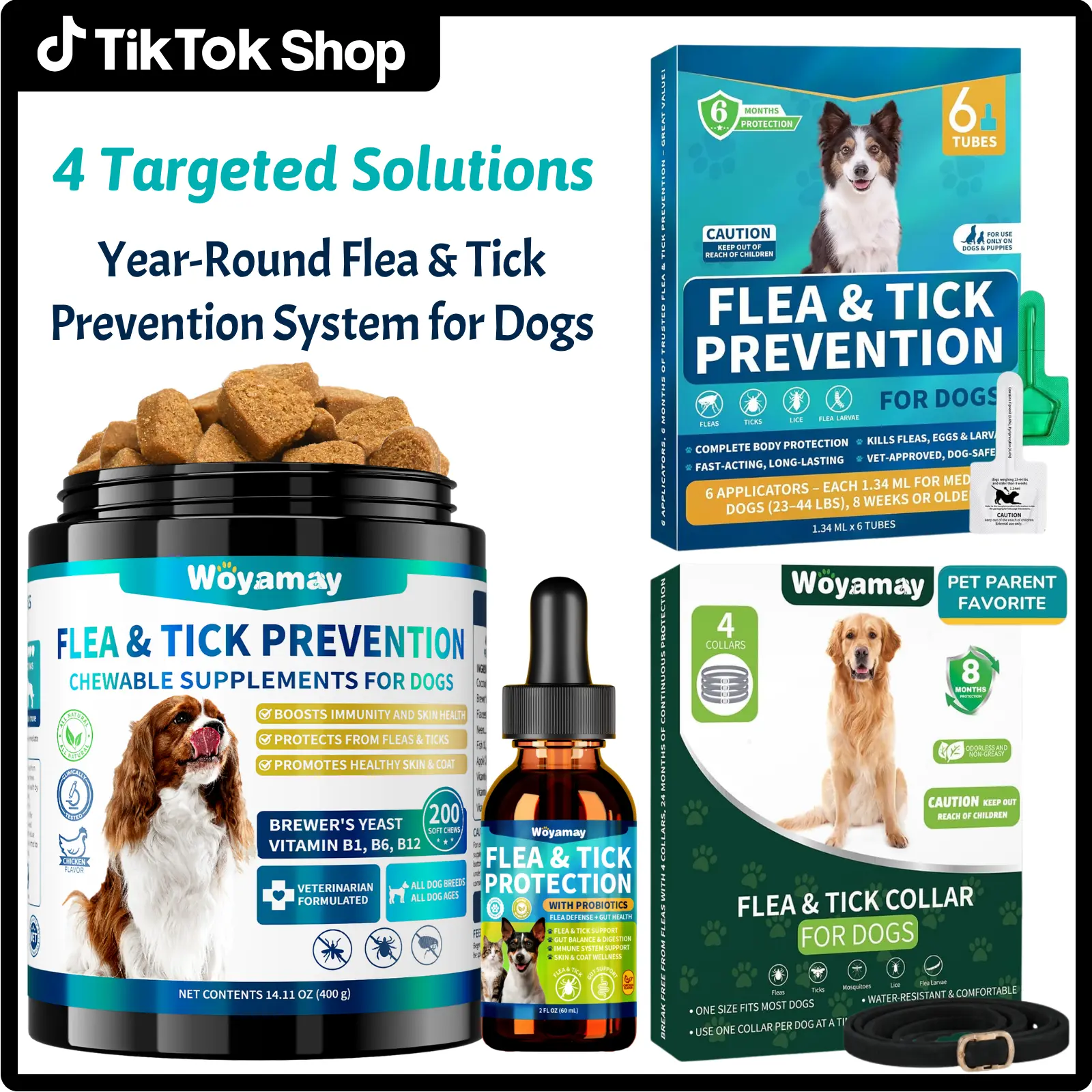Woyamay Flea and Tick Prevention Set for Dogs - 4-in-1 Defense Kit(Flea Collars, Topical Drops, Natural Soft Chews & Oral Drops) - Inside & Out Protection for All Size and Breeds Dog Flea Control System