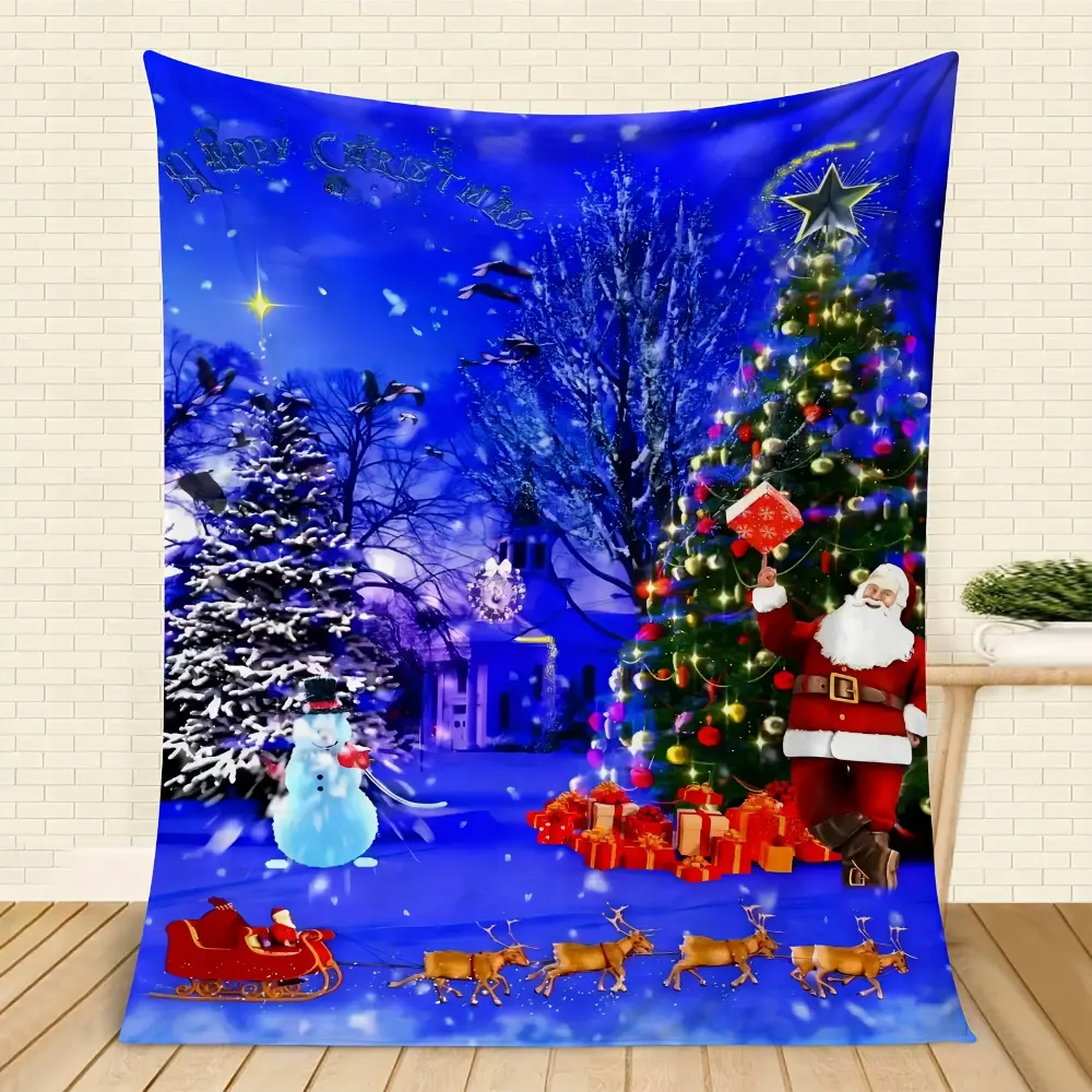 Santa Christmas Throw Blanket, Winter Wonderland Blanket with Santa Claus Christmas Tree Snowman and Reindeer Sleigh Scene, Cozy Holiday Blanket for Couch Sofa Bed, Christmas Home Decor Gift, Festive Xmas Winter Blanket for Family
