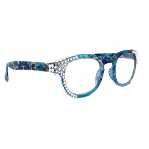 Autumn, (Bling) Reading Glasses For Women Adorned w (Clear) Genuine European Crystals wide Round Frame (Blue, Purple Floral) NY Fifth Avenue Lightweight
