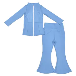 Girl Atheletic Clothes Blue Bell Bottom Set Cheer Game Day Yoga Outfit Winter Sports Clothes  GLP1558