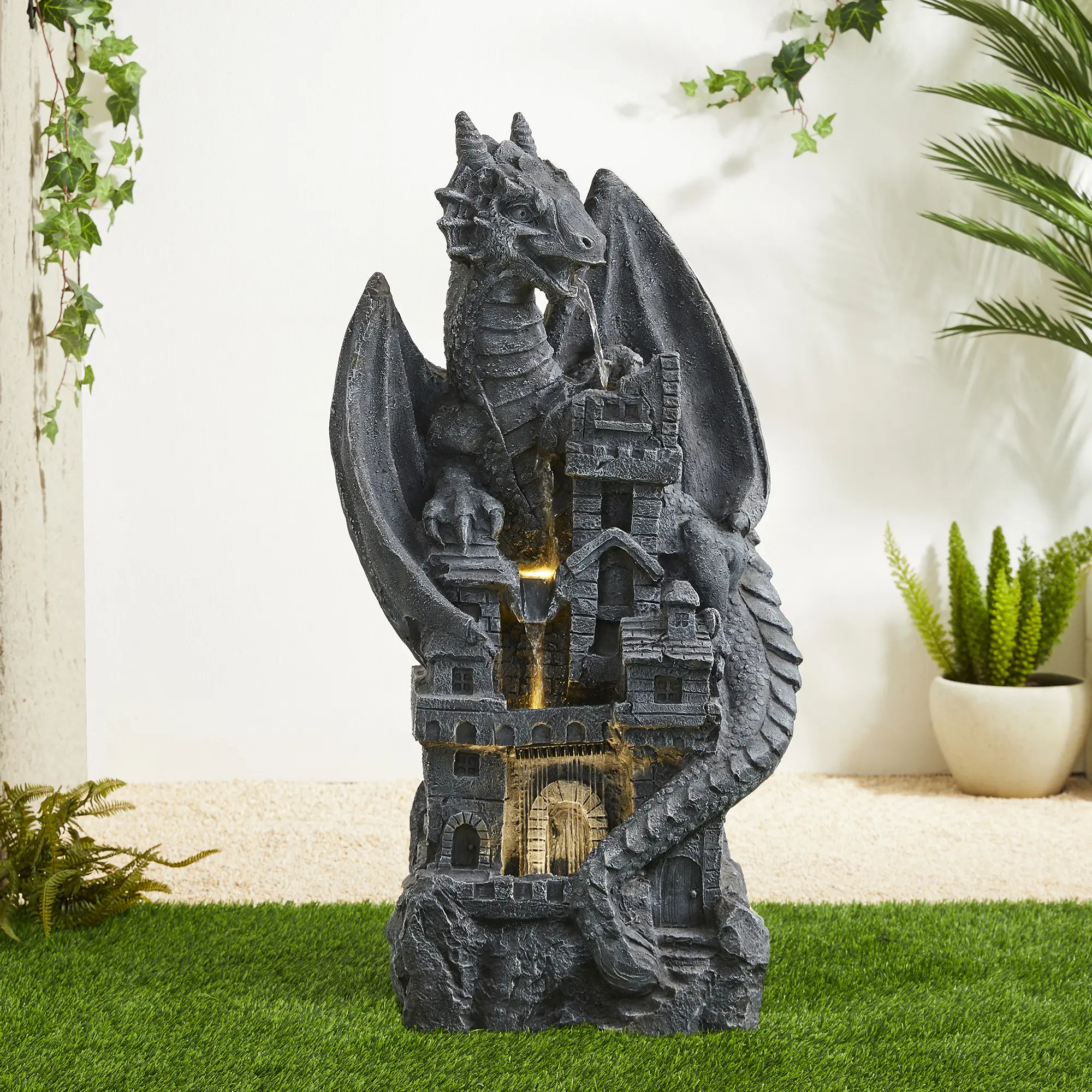 Glitzhome 36.5"H Mystical Gothic Dragon Castle Sculptural Multi-Tier Outdoor Floor Fountain, Polyresin, 4-Tier, 12V UL Listed Pump, 0.5~0.8W 110V~120V 60Hz LED Lights, Antique Details, Relaxation Sound, Waterfall Effect (KD)