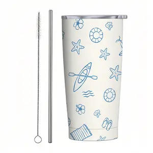 20oz Blue Ocean Sketch Tumbler Full Set with Reusable Straw and Cleaning Brush