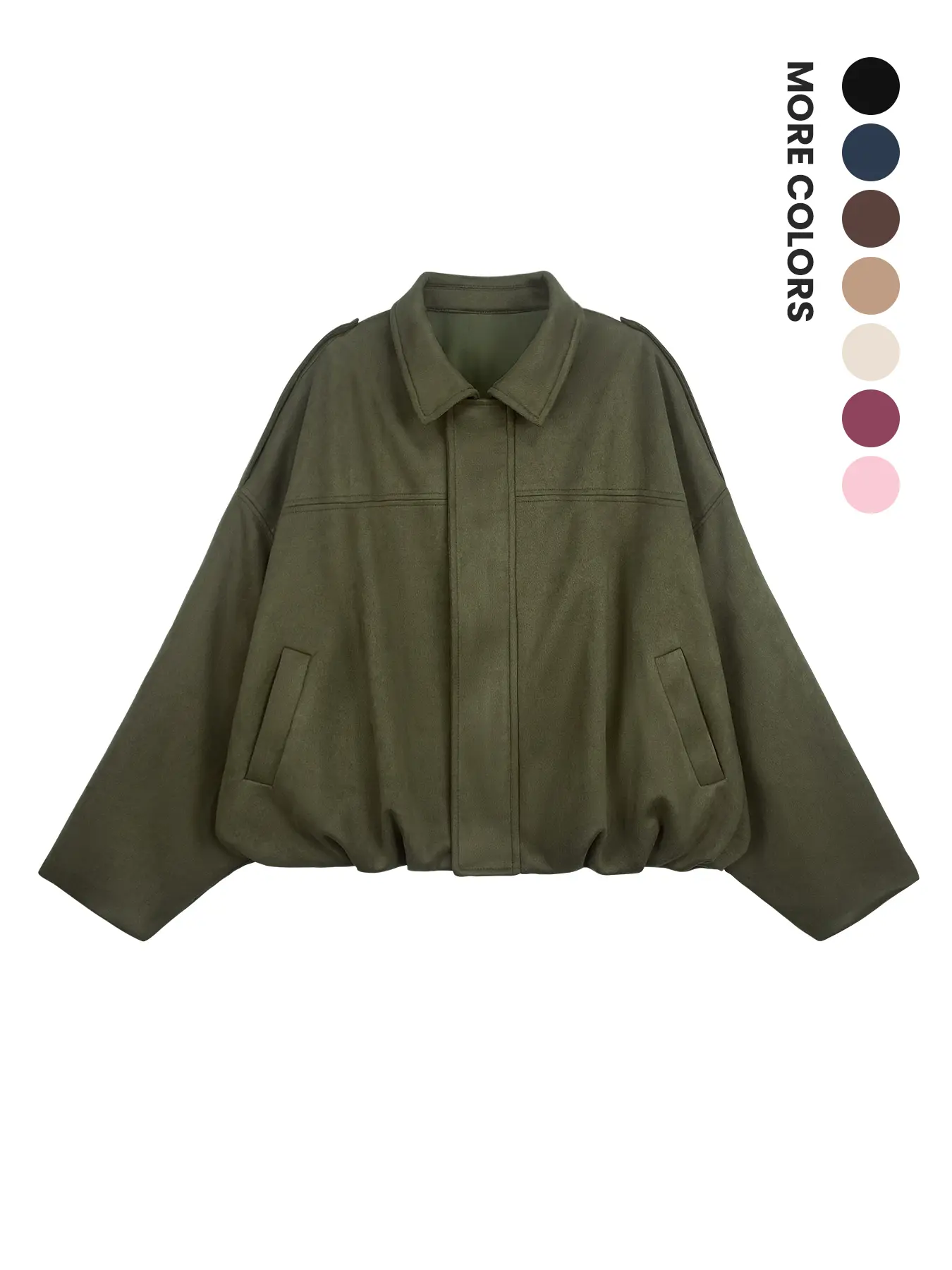 Renaishow Women's Faux Suede Bomber Jacket, Oversized Cropped Street Style, Collared Zip-Up Fall Coat with Pockets, Fabric, Elegance, Dry Clean, Flying Jacket, Lapel, Plain, New Year, No, Tops, Snap, Jeans, Polyester