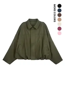 Renaishow Womens Faux Suede Bomber Jackets Oversized Cropped Zip Up Lapel Coats Fall Casual Outerwears with Pockets