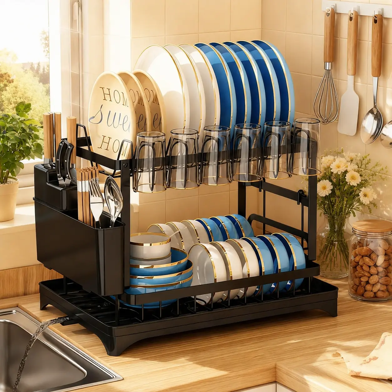 【Auction】Raybee Black Carbon Steel Double-Layer Large-Capacity Dish Drainer with Drain Board for Kitchen Countertops Holds Dishes Knives Cups and Cutting Boards