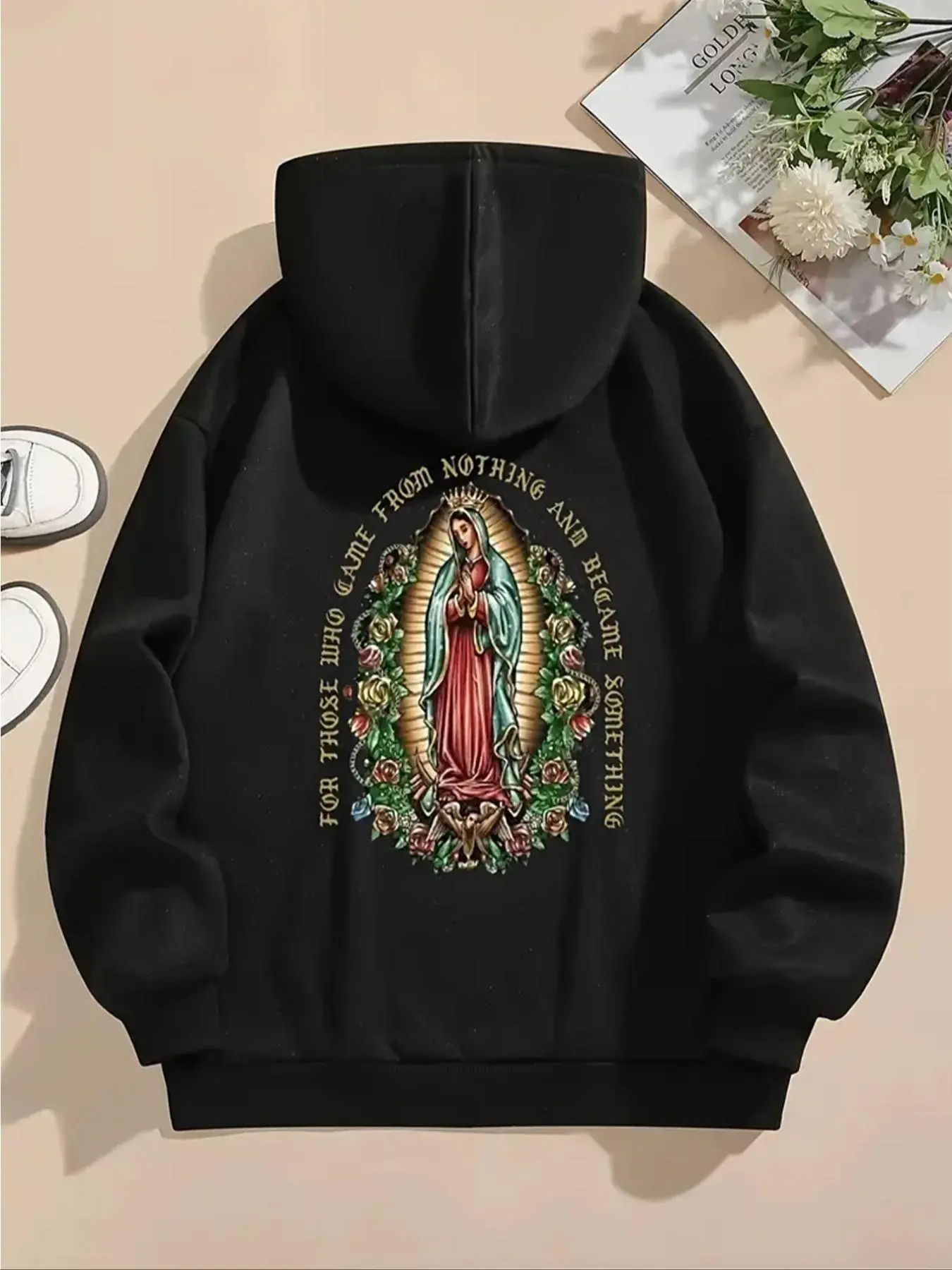 Women's Guadalupe & Letter Print Drop Shoulder Long Sleeve Graphic Hoodie, Fashion Casual Drawstring Pocket Hooded Sweatshirt for Daily Holiday Outdoor Wear, Women Clothing for Fall & Winter, Graphic Hoodies