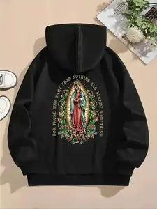 Women's Guadalupe & Letter Print Drop Shoulder Long Sleeve Graphic Hoodie, Fashion Casual Drawstring Pocket Hooded Sweatshirt for Daily Holiday Outdoor Wear, Women Clothing for Fall & Winter, Graphic Hoodies