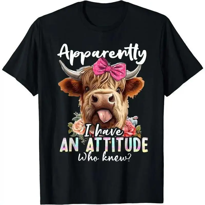 Men's Casual Short-Sleeve Round Neck T-Shirt - Sarcasm Themed "Apparently I Have An Attitude Who Knew" Highland Cow Top, Fitness-Friendly