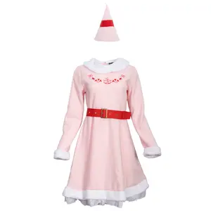 Mrs. Elf Christmas Halloween Costume Adults Holiday Pink Dress, Red Belt & Hat Festive Women’s Elf Outfit