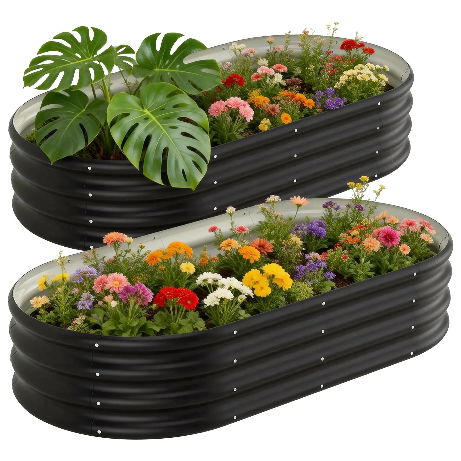 LIALEX 2 Pack Black Oval Coated Metal Raised Garden Bed, Non-Toxic Large Planter Box for Vegetables Herbs Flowers
