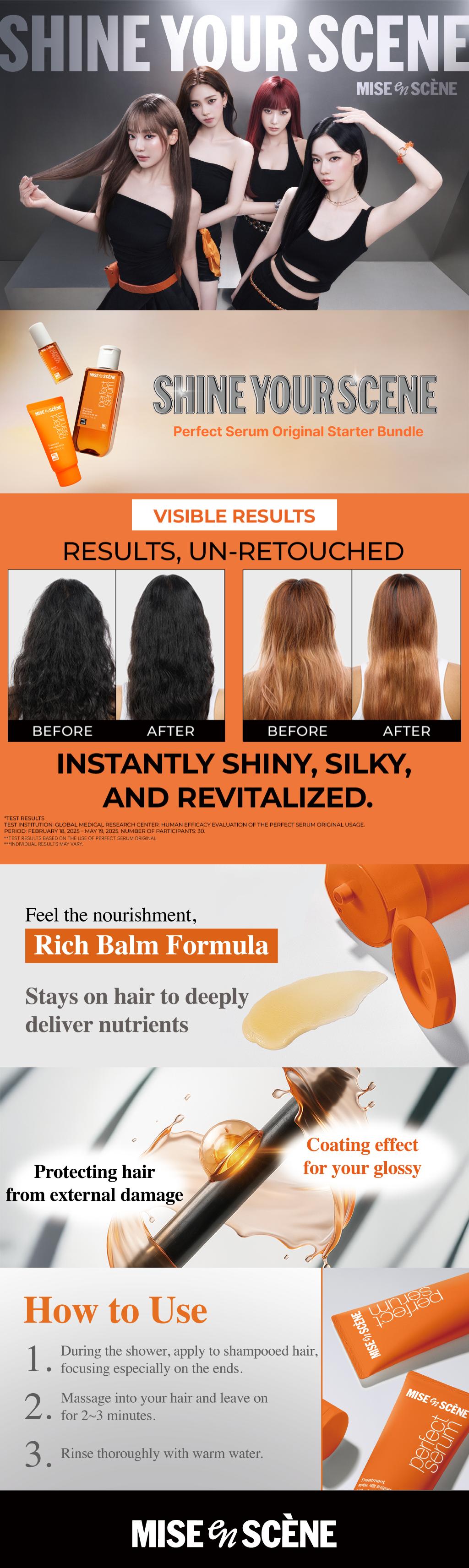 Perfect Serum Original Starter Bundle | Mise En Scène | Trial-Size Hair Serum+Shampoo+Treatment | Korean Hair Care for Damaged Hair, with Moroccan & Jojoba Oils, Glossy Shine