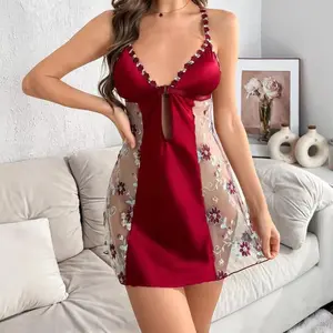 Women's Stretchy Soft Blue Satin Halter Spaghetti Strap Sleeveless Cutout Onesie - Embroidered Fabric Piece, Plain Bodysuit with Floral Lace Trim, Mesh Sheer Loungewear Clothes, High-End Nightwear (Free Jewelry)