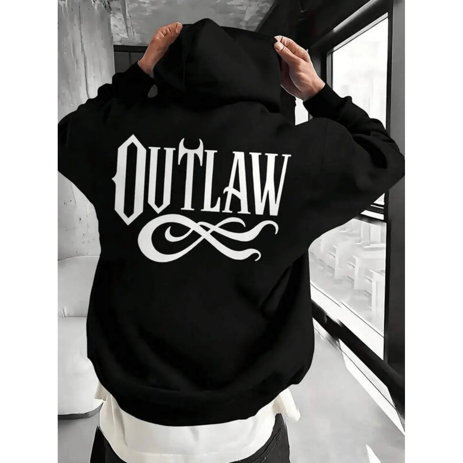 Men'S Oulaw Paern Hooded Sweatshirt | Black With Bold Letters, Heavyweight, Casual Loose Fit, Machine Washable, Long Sleeve, Hooded Design, Slight Stretch Knit Fabric, With Kangaroo For All Seasons, Plus Size Hoodie