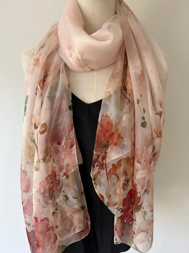 Floral Silk Chiffon Scarf: Pink Summer Garden Shawl 69" x 43"