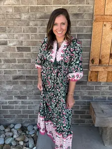 Green Mix Boho Patchwork Print Tiered Midi Dress by Umgee