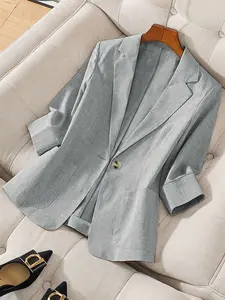 3/4 Sleeve Lapel Collar Cinched Waist Linen Casual Blazer