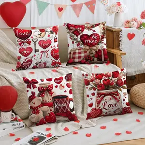 4pcs Valentine's Day Pillow Cover, Romantic Love Red Rose Single sided Printed Pillowcase, Red Heart Shaped Decorative Sofa Cushion Cover, Valentine's Day, Wedding Anniversary, Wedding Room Living Room Sofa Decorative Pillow Cover (without Pillow Core)