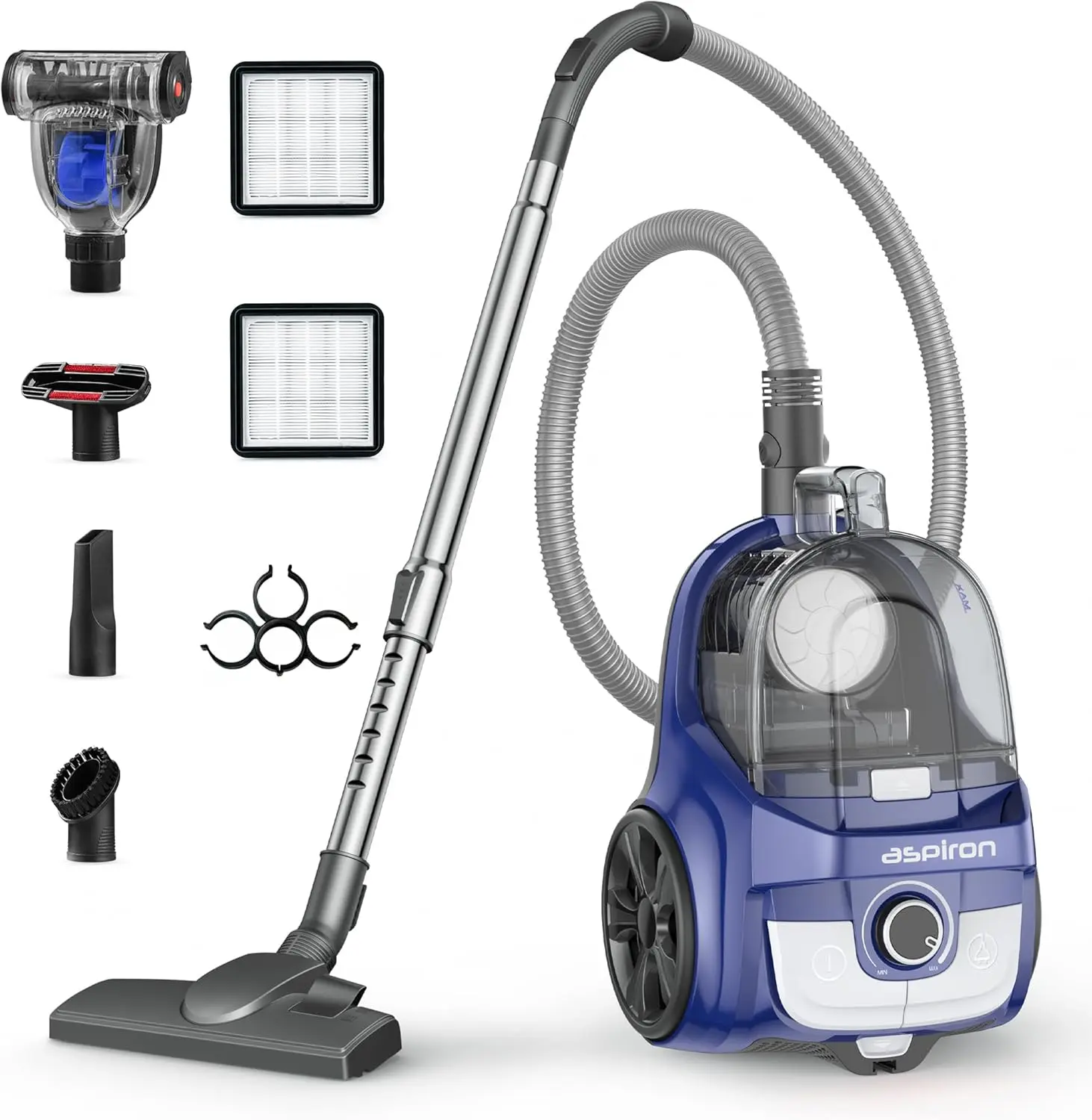 Aspiron 40KPa Bagless Canister Vacuum, 1600W Powerful Suction Cleaner with 4Qt Large Dust Cup, H13 HEPA Filter, Auto Cord Rewind & 5 Tools for Hard Floors, Carpet, Pet Hair, Upholstery & Car Powerful Suction Vacuum Upright Vacuum