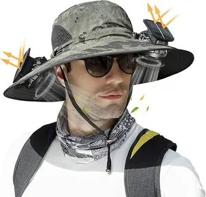 Male Wide Brim Solar-Powered Outdoor Hat with 2 Fans, 3-Speed Adjustable, Waterproof, for Hiking, Fishing, Father’s Gift