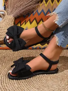 Wide Width Flat Sandals for Women, Oversized Bow Slip-On Summer Shoes, Elastic Ankle Strap Open Toe Sandals