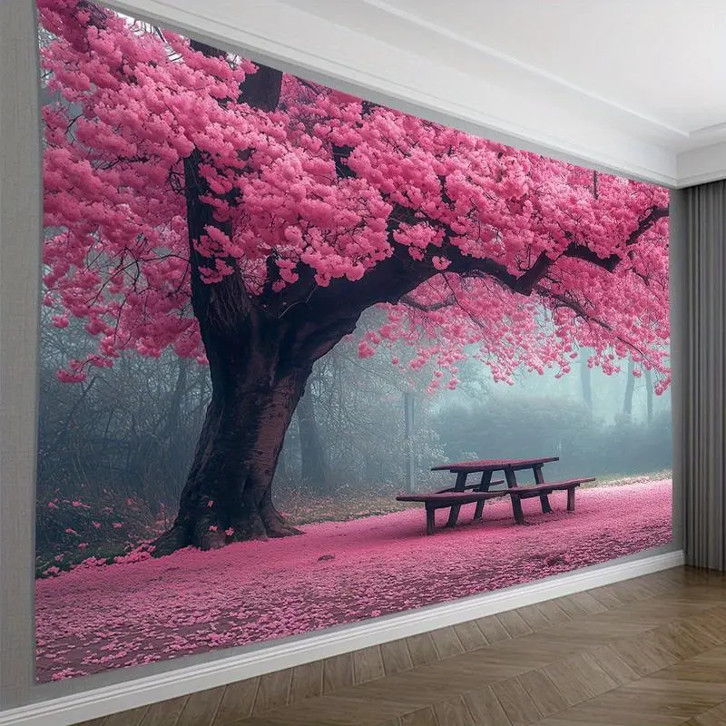 Vibrant Cherry Blossom Tapestry Wall Art - Home Supplies Decoration, Hanging Room Decorations, Soft Polyester Fabric, Hand-Stitched Edges, Wrinkle Resistant - Serene Pink Blooming Tree Scene With Bench & Picnic Area - Ideal For Living Room, Bedroom, Durab