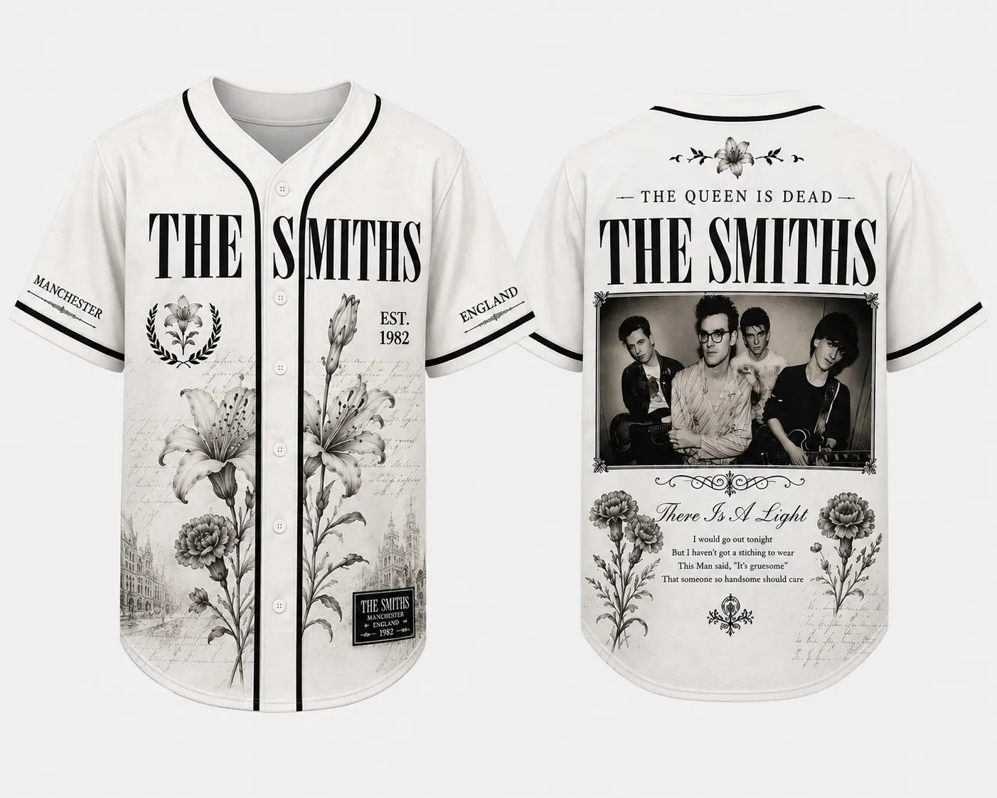 The Smiths Baseball Jersey | 80s Alternative Rock Band Fan Merch | 'There Is A Light' Lyric Graphic Button Up Shirt | Vintage Floral Goth Streetwear | Unique Gift for Morrissey Fans