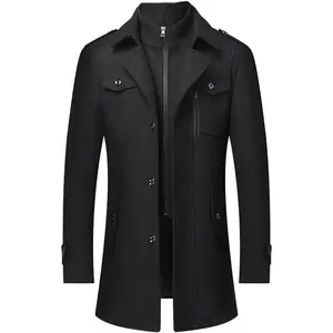 Men's Wool Blend Trench Coat Slim fit Single Breasted Notch Lapel Winter Jacket Business Pea Coat Overcoat