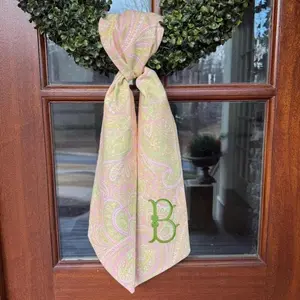 Pastel Paisley Wreath Sash, Embroidered Monogram, Floral, Front Door Decor, Spring Colors, Personalized Wreath Sash, Pink, Lime and Yellow