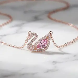 Rose Gold Crystal Swan Necklace Silver CDE6042SV - Women's silver necklace