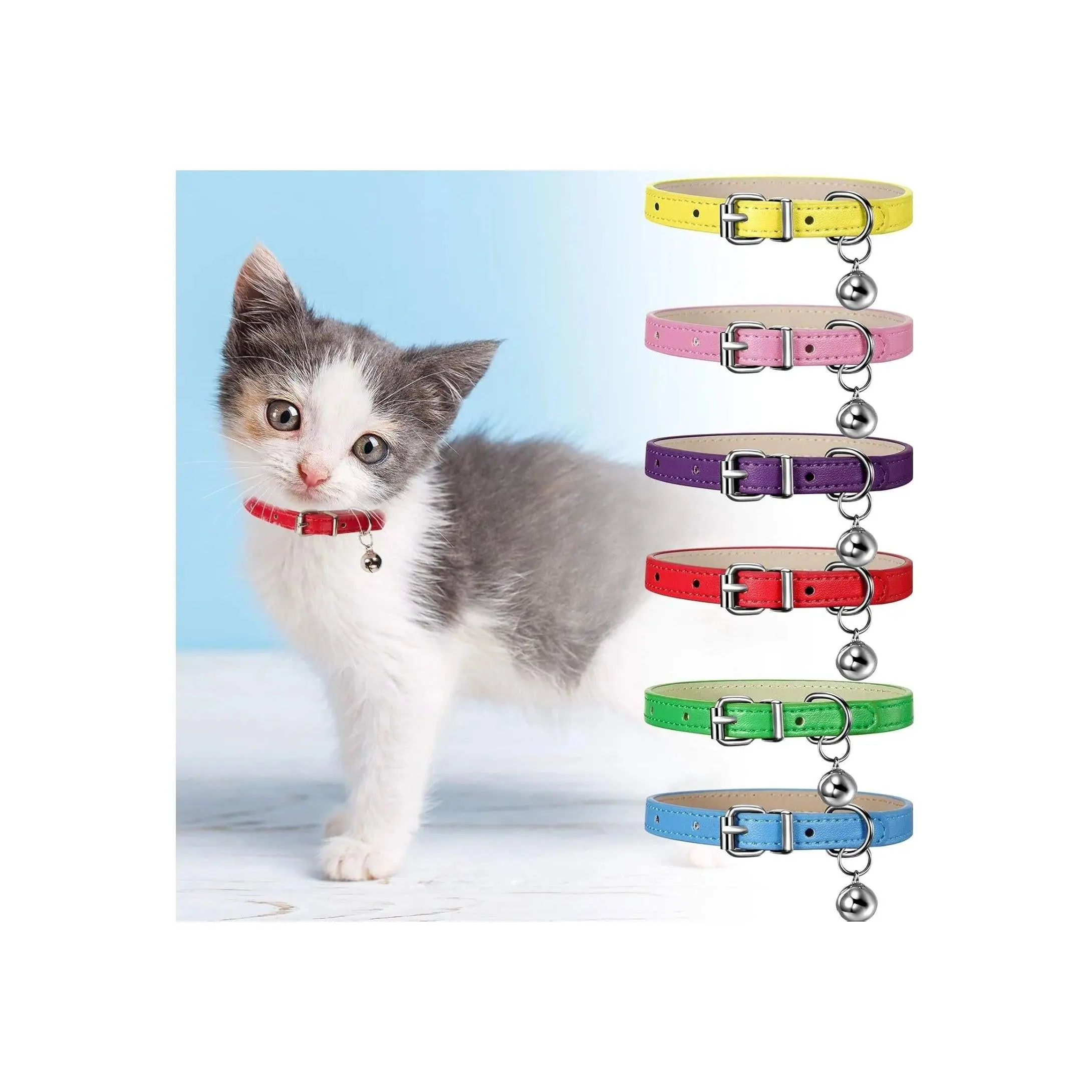 Chic 6-Piece Adjustable Leather Cat Collar Set with Bells - Comfortable Wear, Easy Fitting, Stylish Look - Set of 6 for Kittens, Set Of Six