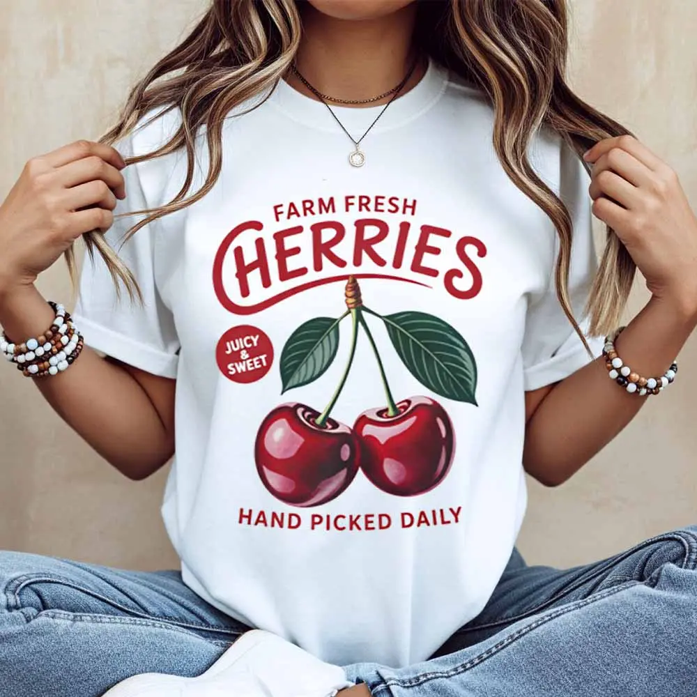 Farm Fresh Cherries Juicy Sweet Hand Picked Daily Print T Shirt Women Casual Short Sleeve Top Summer Fashion Trendy Graphic Tee