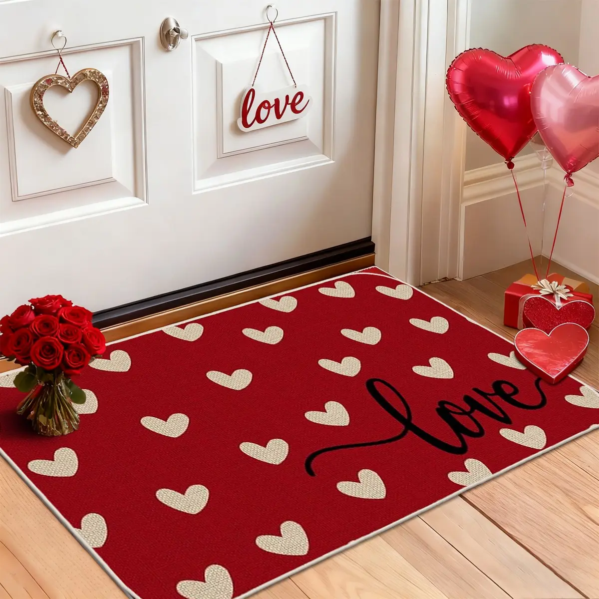 Valentine's Day Carpet Mat with Heart Love Design, No Fuzz Easy Clean Rug, Perfect for Anniversary, Wedding Party, Home Decor